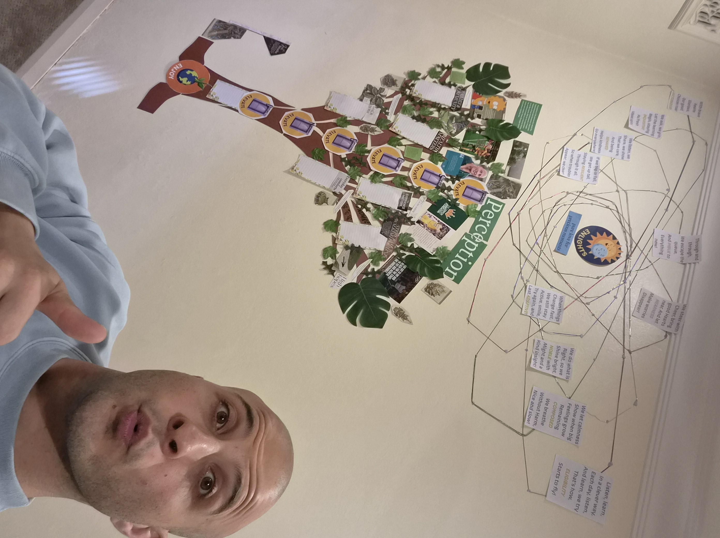 The Its Treehouse Time ELEVATE and ENLIGHTS craft, made from cut paper and card on a wall